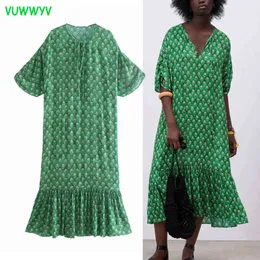 Vuwwyv kvinna klänningar grönt tryck ruffle plus storlek kvinnor sommar kortärmad afrikansk vintage midi vestidos 210430