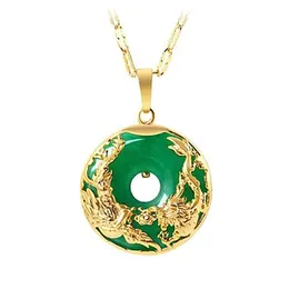 Jade Pendant Necklace for Men Fashion Aventurine Green Chalcedony Agate Coiling Dragon and Phoenix Gold Pendants Safe Buckle