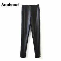 AACHOAE Kadınlar Siyah PU Faux Deri Pantolon Moda Yüksek Bel Kalem Pantolon Kadın Katı Uzun Streç Pantolon Pantalones Mujer 210413