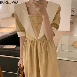 Korejpaa Women Dress Summer Korean Chic Hepburn Style Pointy Collar Pleated Contrast Color High Waist Puff Sleeve Vestidos 210526