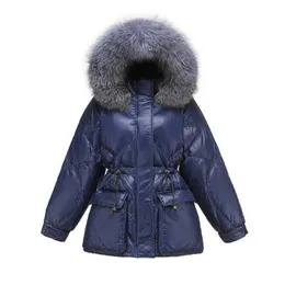 Zima Ciepła Kurtka Kobiety Średniej długości Real Fur Collar Windbreaker Parka Luźna Duża Kieszeń Witer Płaszcz 210531