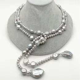 52 "Cultured Grey Freshwater Coin Baroque Pearl Lariat Long Necklace Sweater Chain Halsband Födelsedag för kvinnor