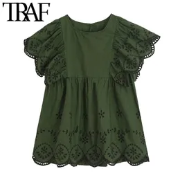 Women Sweet Fashion Cutwork Embroidery Pleated Blouses Vintage O Neck Short Ruffled Sleeve Female Shirts Chic Tops 210507