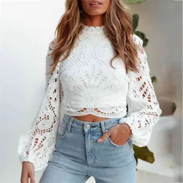 Foridol hollow out white lace crop top women long sleeve autumn winter blouse tops casual embriodery short tops 210415