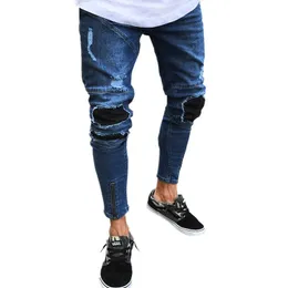 Streetwear Men Höst Ripped Poulded Patch Skinny Jeans Man Förstört Hip Hop Stretch Hold Jogger Denim Pants X0621