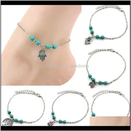 Fußkettchen Schmuck Drop Lieferung 2021 Charme Hand Baum Kreuz Runde Anhänger Blaue Perle Silber Farbe Überzogene Metall Kette Für Frauen fuß Fußkettchen Gilft Un