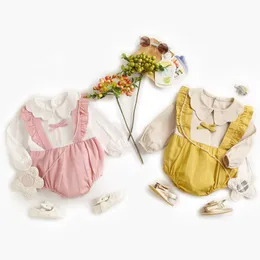 0-3yrs生まれたばかりの赤ちゃんの女の子の花びら襟長袖の服ロンパース春秋幼児ジャンプスーツ210429