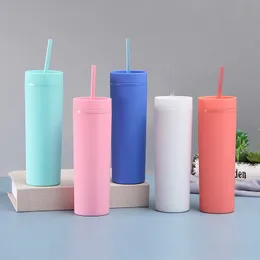 16oz Acrylic Straight Tumbler Matte AS Plastic Skinny Tumblers Double-layer Multicolor Frosted Drinking Straw Cup