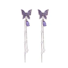 Moda błyszczący motyl Rhinestone Drop Dangle Kolczyki Kobiety Eleganckie Długie Pearl Chain Łańcuch Wisiorek Party Biżuteria Dla Dziewczyny Prezent 1 Para