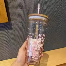 Tazze Tazza di accompagnamento in vetro rosa Sakura di grande capacità con tazze di cannuccia