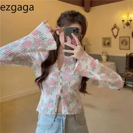 Ezgaga Rose Floral Knit Cardigan Women Summer Thin French Style Crop Tops Long Sleeve Slim All-Match Elegant Cardigan Fashion 210430