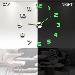 Luminous Wall Clock Large Watch Horloge 3D DIY Acrylic Mirror Stickers Quartz Duvar Saat Klock Modern Mute 210724