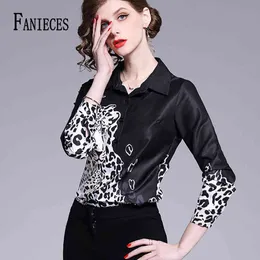 Ankomst Kvinnor Toppar Krage Långärmad Leopard Tryckt Blomdesigner High Street Fashion Blouse Shirts Bluzki Damskie 210520