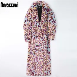 Nerazzurri Inverno Leopardo Longo Colorido Macio Macio Quente Fuga Fruta Faux Fur Trench Coat para Mulheres Pista Europeia Moda 211122