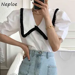 Hit Color Wooden Ear Patchwork Loose Blouse Women Peter Pan Collar Pullover Short Sleeve Blusas Summer Ol Shirt Feminino 210422