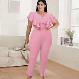 V Hals Bodycon Jumpsuits Plus Storlek 4XL Lovely Pink Short Ruffles Sleeve Birthday Party Occsace Event Overlig Outfit 210527