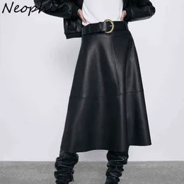 Neopherヴィンテージ女性PUフェイクレザーミディスカートラテックスJupe Longue WinterファッションAラインハイウエストブラックベルトロングスカートS9730 211120