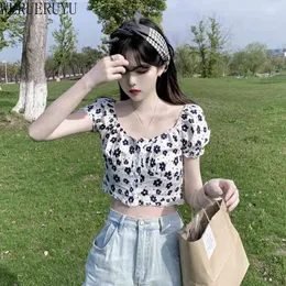 WERUERUYU french women's blouses and shirts square neck elastic waist sexy crop top short sleeve summer print shirts women 210608