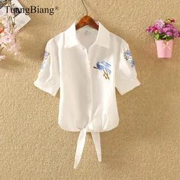 TuangBiang 2021 Half Sleeve Summer Embroidery Shirts Women Floral Corp Tops Blue Flower White Bird Striped Lace Up Loose Blouse Women's Blou