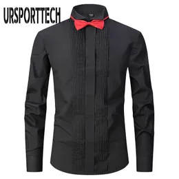 Ursporttech Herrskjorta Solid Färg Svart Prestanda Skjortor Mens Långärmad Steg Party Chorus Klänningskjorta Med Värd Bow Tie 210528