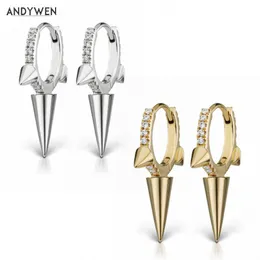 Andywen 925 Sterling Silver 8mmトリプルロングスパイククリッカークリスタルCZジルコンフープCLISループイヤリング210608