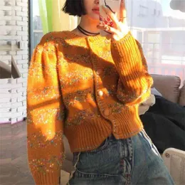 Vintage Sparkle Stickad Sweater Chic Stripe Cardigan Crop Tops för Kvinnor Kläder Höst Vinter Koreansk Knitwear Sueter Mujer 210514