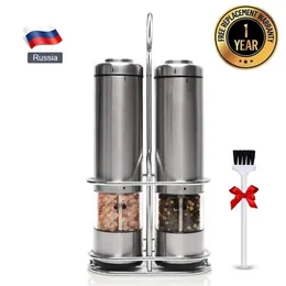 Electric Salt and Pepper Grinder Set with Metal Stand Automatic Stainless Steel Mill LED Light Spice for Kitchen 211104