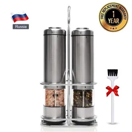 O moedor de sal elétrico e da pimenta ajustou-se com o moinho de aço inoxidável automático do suporte do metal LED Spice para a cozinha 211104