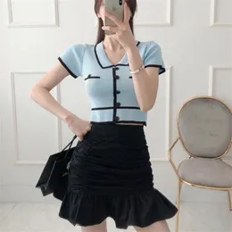 Summer Women 2pcs Set Sweet Knitted Lapel Short Sleeve T-Shirt Top + High Waist Bodycon Ruched Ruffles Mini Skirt 210519