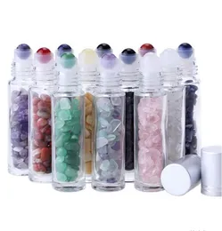 Natural Gemstone Essential Oil Roller Ball Bottles Clear Perfumes Oils Liquids Roll On Bottle With Crystal Chips 12 Colors