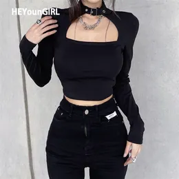 Hejoungirl wycięty czarny harajuku crop thirt gotycka swobodna podstawowa kobieta tshirt topss TEE TEE KOBIETY KOBIETY STREET STREETWEAR 220226