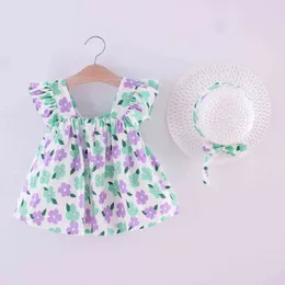 Baby klänning sommar ärmlös kvinnlig blommig tryck prinsessan toddler spädbarn flicka söt med hatt 1-4y 210515