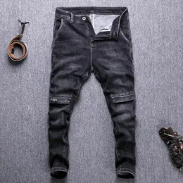 Mäns Jeans American Street Style Mode män Högkvalitativ Svart Färg Elastisk Slim Fit Spliced ​​Designer Casual Denim Byxor