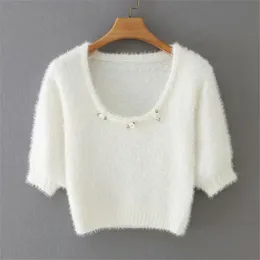 BLSQR Biały Moher O-Neck Sweter Moda Krótki Rękaw Casual Solid Color Pullover Femme Aplikacje Crop Topy 210430