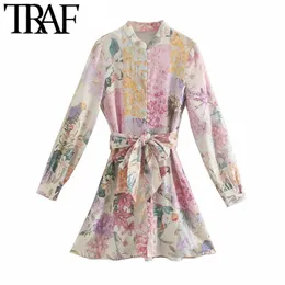 TRAF Women Chic Мода с поясом Флористическое Принте Белье Мини Платье Урожай Уровень Женщины Длинные Рукава Женские Vestidos 210415