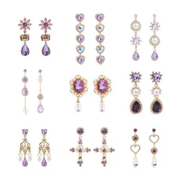 Korean Purple Rhinestone Love Heart Flower Dangle Earrings Long Water Drop Crystal Jewelry Pendientes For Women Fashion Brincos G220312