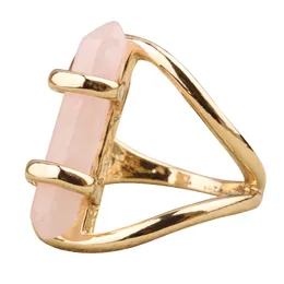 Fashion Gold Color Environmental Alloy Pink Rose Powder Crystal Hexagonal Solitaire Ring for Women Jewelry