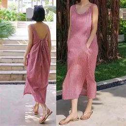 Sleeveless slit high-waisted dress women's loose and thin leak-back mid-length skirt summer Korean fashion clothing 210520