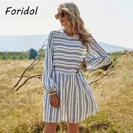 Gestreiftes Druckfrauen-Frühlingskleid beiläufige lose lange Hülsen-Miniherbst-weibliche Boho-Strand-elegante übergroße Vestidos 210427