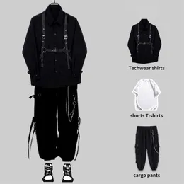 Houzhou Techwear Men's Sets Black Cargo Pants Shird Kit Long Sleeve Shirts Korean Streetwear Hip Hop Harajuku Spring 220215