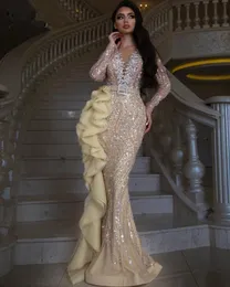 2022 Sparkle Beading Sequin Mermaid Formal Evening Dresses With Long Sleeve Sheer Neck Plus Size Prom Second Reception Gowns robe de soirée