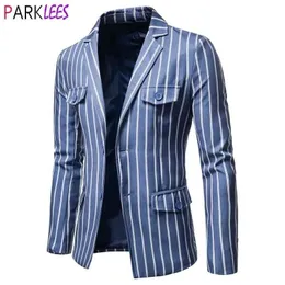 Двойной Pocket Striped Blazer Мужчины Случайные Официальные Формальные Толнистые Fit Homens Blazers Одиночные Зубчатые Куртки Мужской Костюм 5XL 210522