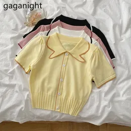 Gaganight Summer Stickad T-shirt Toppar Kvinnor Now-down Collar Button Up Crop Tees Koreansk Kortärmad Casual Tunna Tröjor 210519