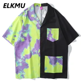 エルクム夏のシャツのタイ色のカラーブロックパッチワークシャツ腰掛け街路涼しい緩いブラウス男性原宿ポケットデザインHe668 210708