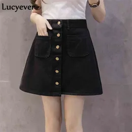 Lucyever Denim Kadınlar Mini Etek Yaz Vintage Yüksek Bel Kore Tek Düğme Cepler Mavi Kot A-Line Bayanlar Saia Jupe Femme 210621