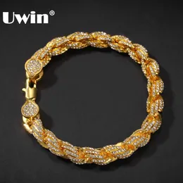 UWIN Hiphop Wome Mens Fashion Rope Chain Bracelet Bling Rhinestones 9mm Gold Color Iced Out Jewelry Bracelets 210609