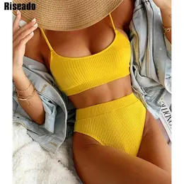 Riseado 높은 허리 비키니가 수영복 여성 늑골이있는 수영복 수영복 솔리드 섹시한 Biquini 여름 Beachwear 210722