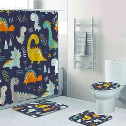 Cute Funny Kids Dinosaurs Pattern Shower Curtain Bath Curtains for Bathroom Bathtub Colorful Dino Bath Mats Rugs Carpet Decor 210402