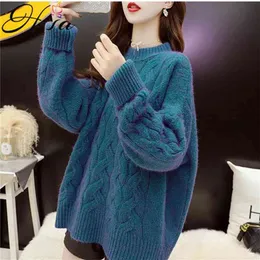 女性の冬のセーターとジャンパーのねじれニットの暖かい引っ張り醜いセーターシックなストリートウェア厚さ210430
