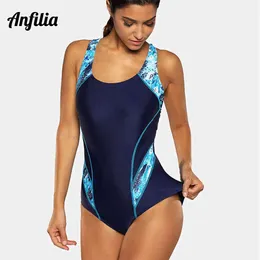 Anfilia Mulheres One Piece Pro Esportes Swimwear Swimwear Sportsuit Colorblock Monokini Beach Wear Bathing Suit Bikini 210407